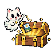 Pixel ghost cat cheerfully putting a game into an open, glowing treasure chest.