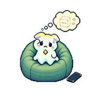 Pixel ghost cat on a bean bag looking puzzled, the thought bubble now holds only a faded outline, the handheld set aside.