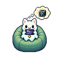Pixel ghost cat on a bean bag, playing on a handheld, a question-mark block in a thought bubble.