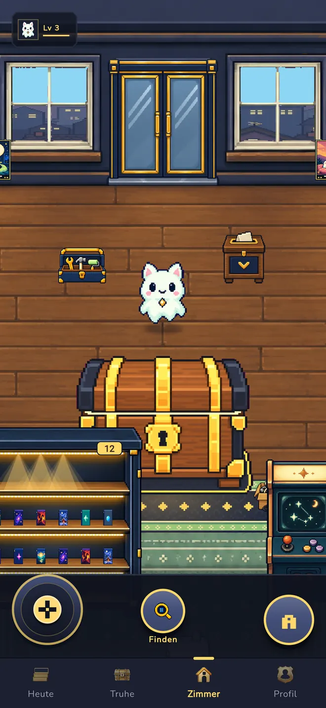 Pixel-Zimmer in der Draufsicht mit einer weißen Geisterkatze als Begleiter, einer großen Holztruhe mit Goldbeschlägen, einem beleuchteten Regal mit zwölf Spielen, einem Spielautomaten und den Tasten Hinzufügen, Finden und Zimmer unten.