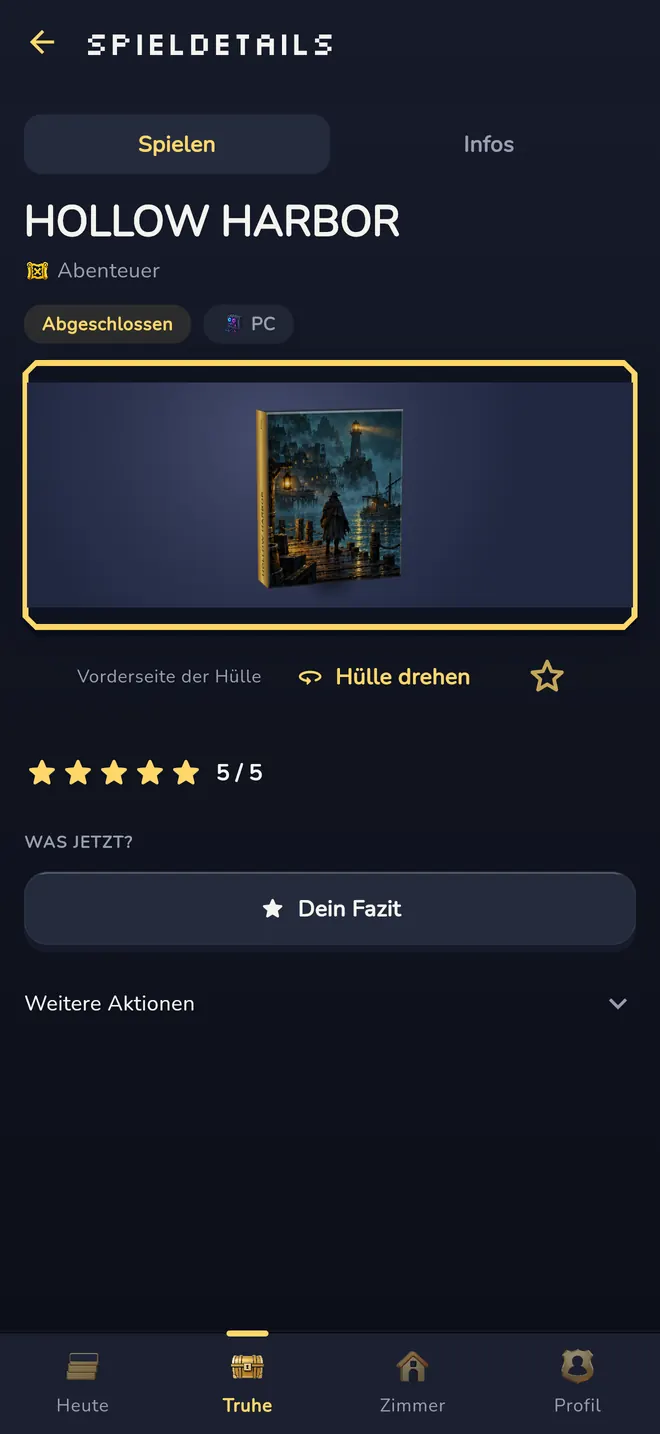 Spieldetails mit den Reitern Spielen und Infos, dem Status abgeschlossen, der Plattform, einer drehbaren 3D-Spielehülle, fünf von fünf Sternen und einem Knopf für dein Urteil.