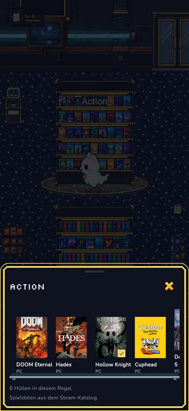 Pixel-Spieleladen mit nach Genres sortierten Regalen; ein geöffnetes Feld zeigt die Spielehüllen eines Regals.