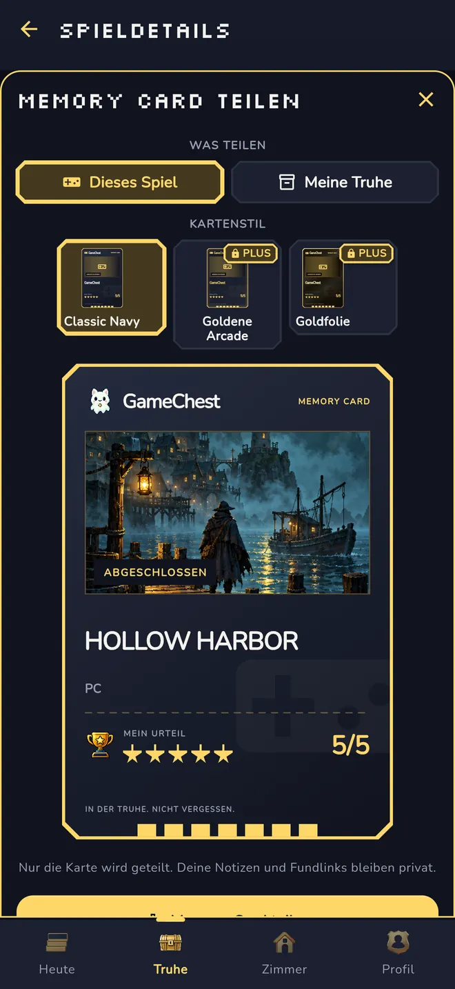 Teilen-Blatt für die Memory Card mit der Wahl zwischen diesem Spiel und der ganzen Truhe, drei Kartenstilen Classic Navy, Golden Arcade und Gold Foil und einer Vorschaukarte für ein abgeschlossenes Spiel mit fünf von fünf Sternen.