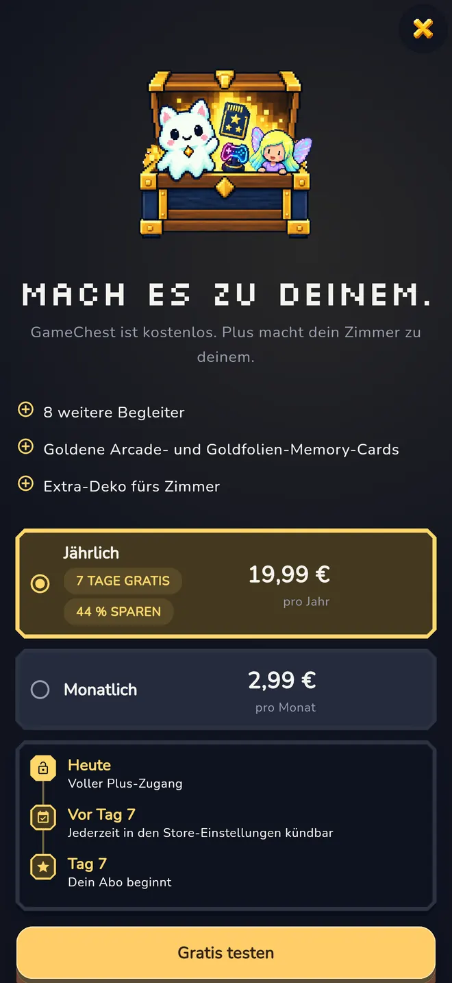 GameChest-Plus-Schirm mit Pixel-Schatztruhe, den Vorteilen 8 weitere Begleiter, Memory Cards Golden Arcade und Gold Foil und Extra-Deko, einem Jahresabo mit 7 Tagen gratis, einem Monatsabo und einer Zeitleiste, wann das Abo beginnt.